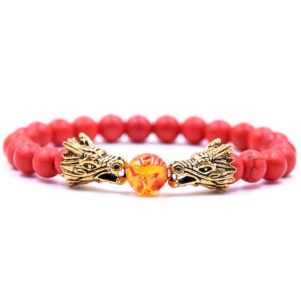 10mm Red Turquoise and Gold Dragon Blessing Beaded Stretch Bracelet